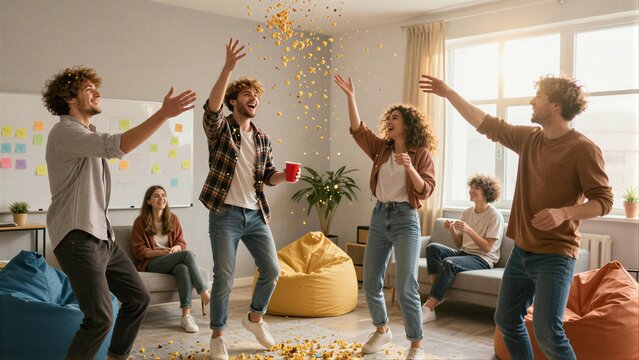 Four friends joyfully throw popcorn in a bright, cozy living room together.
