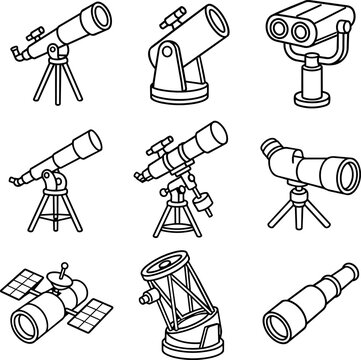Outline set of telescopes observatory scopes and space telescope equipment