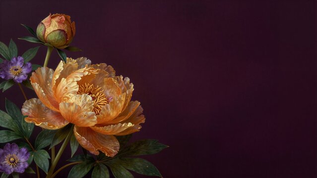 Golden peonies with purple blooms against a deep maroon background.
