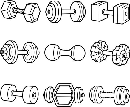 Set of outlined dumbbells and hand weights for gym workout