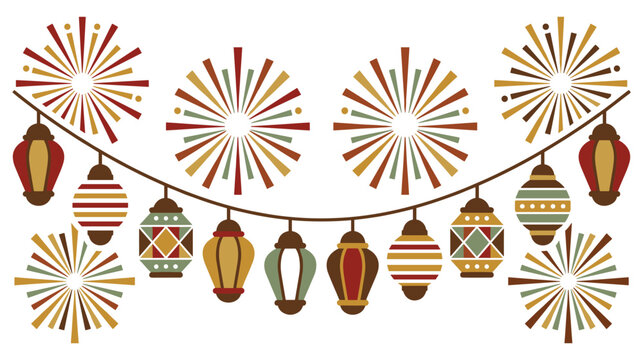 Colorful festive string lights and fireworks decoration for celebration.