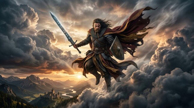 Fantasy Warrior Leaping Above Clouds with Runic Sword and Shield