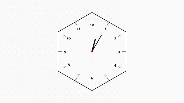 Minimalist hexagonal wall clock ticking time lapse on white background, watch deadline