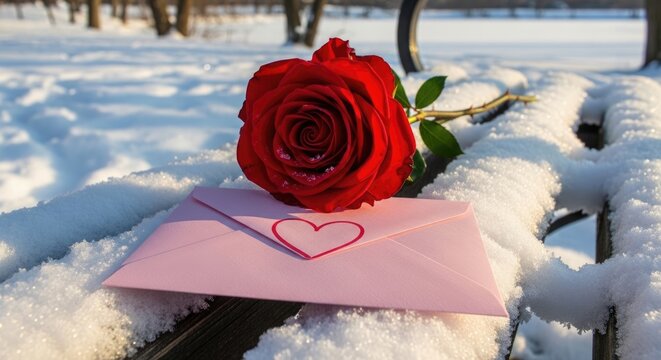 red rose on pink envelope with heart in snow