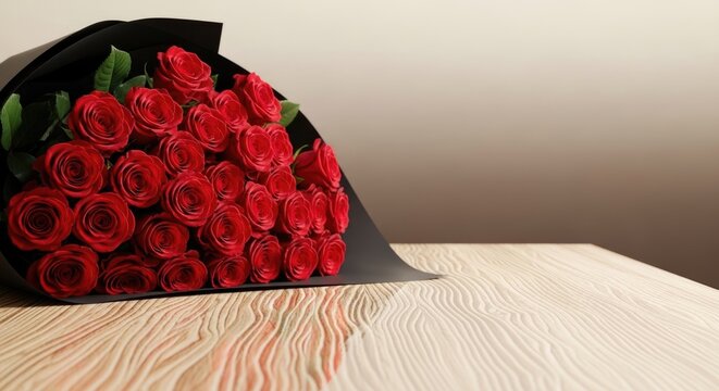 red roses bouquet on wooden table