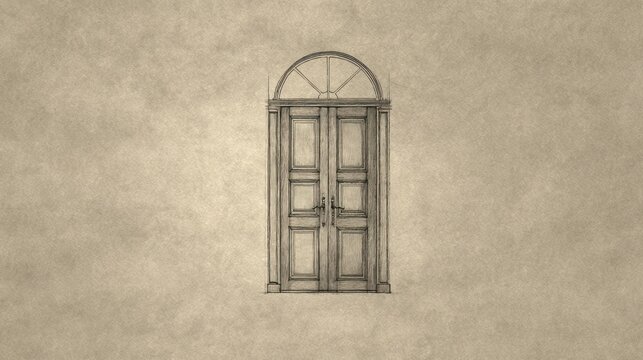 Classic architectural doorway with arched transom window and textured background