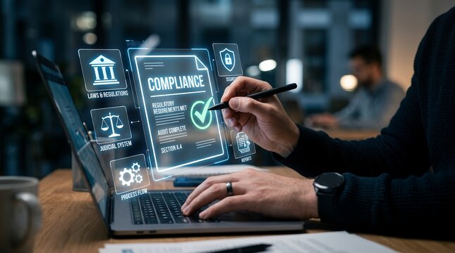 A person reviews compliance documents on a digital interface projected from a laptop with icons for laws judiciary security and reports visible regulation legal business technology