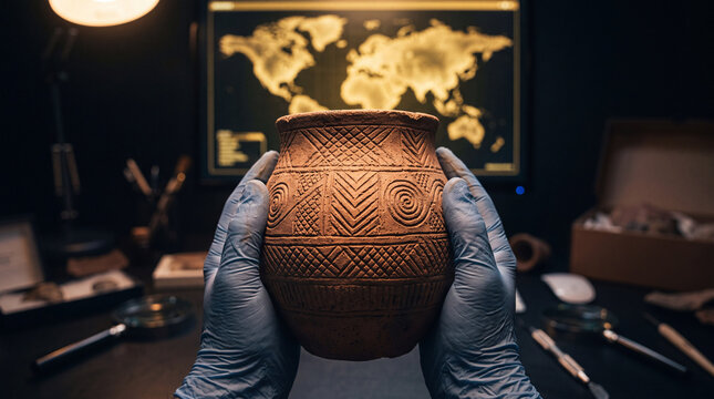 Archaeologist wearing blue gloves holding an ancient patterned pottery vessel in a dark laboratory with a world map on a computer monitor in the background