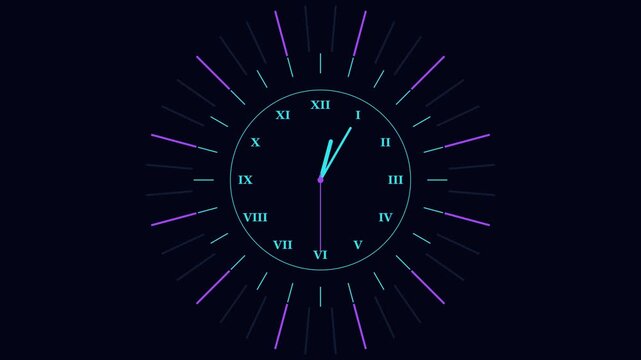 Neon roman numeral clock face animation with rotating radial light rays time roman numerals