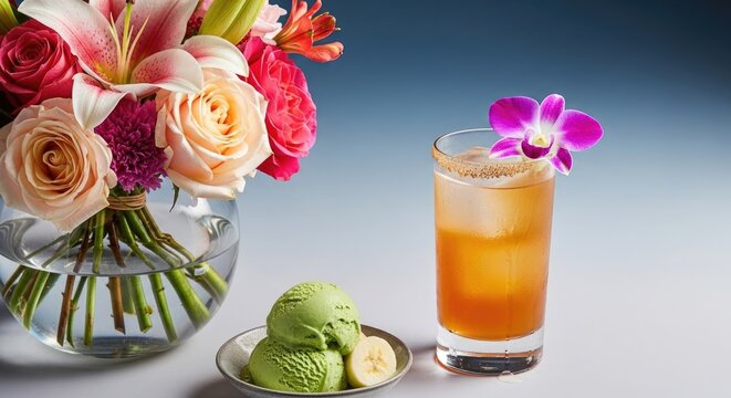 refreshing summer cocktail with ice cream and flowers