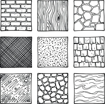 Construction hatch swatch set. CAD material textures for brick, wood, stone, mesh, and concrete fills in architectural drawings and floor plans.