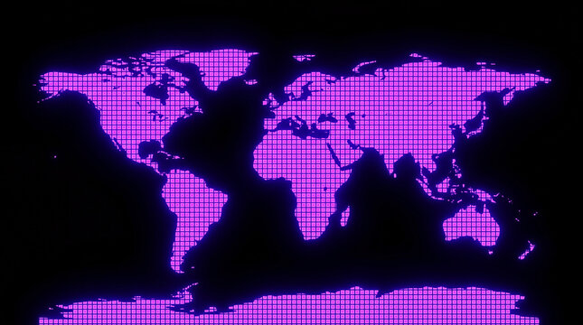 Digital world map illustration featuring a purple pixelated grid pattern on a dark background for technology and global connectivity concepts