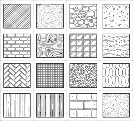 CAD hatch and texture sheet. Architectural material swatches for brick, wood, stone, tile, mesh, and concrete finishes in drawings and plans © ProPixel Studio