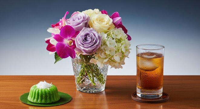 refreshing drink, flowers and dessert on wooden table