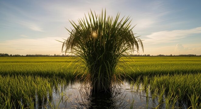 rice field with single plant at sunset