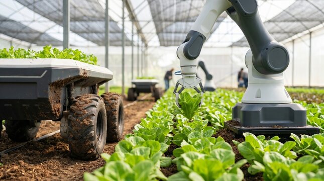 Robotic Arm Harvesting Fresh Lettuce In A Modern High Tech Greenhouse