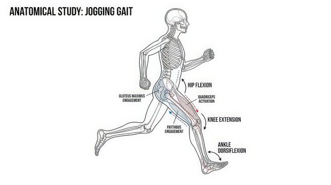 Anatomical Illustration of Human Skeleton Jogging Gait with Muscle Engagement and Joint Movement Labels
