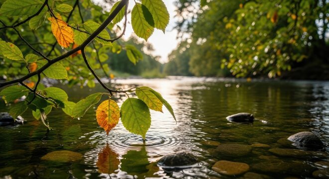 serene river landscape with rocks and leaves