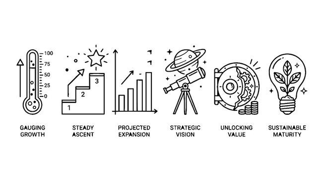 Set of business growth and strategy line art icons with text.