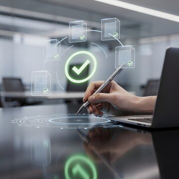 Business compliance and quality assurance concept with digital approval checkmark, document verification, workflow validation and process management