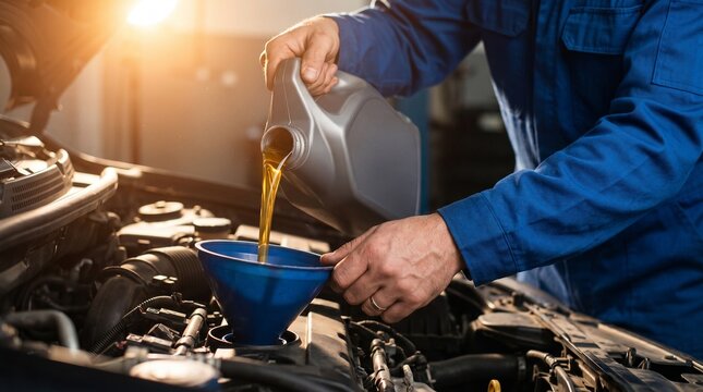 Auto Mechanic Pouring Fresh Motor Oil Into A Car Engine During Vehicle Maintenance