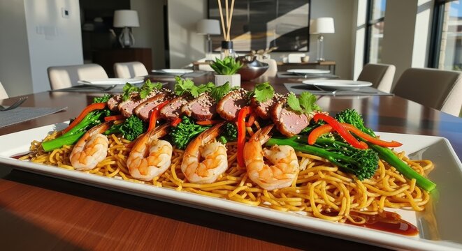Shrimp and steak stir fry on noodles