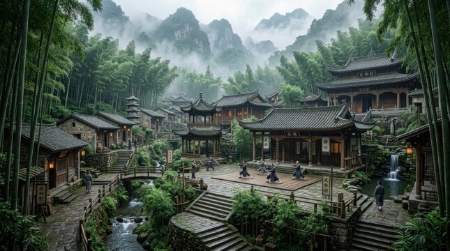 Ancient Chinese Martial Arts Village in Misty Bamboo Mountains