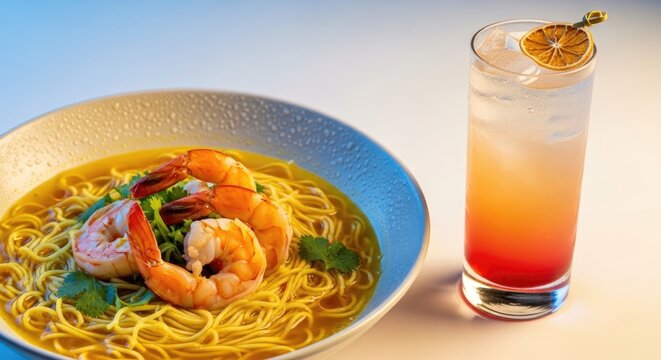 Shrimp noodle soup with cocktail