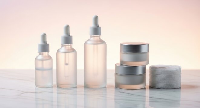 Skincare products with dropper bottles and jars on marble