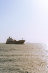 Fototapeta premium Cargo Ship at Sea: A large cargo ship sails across the vast, shimmering sea under a clear sky, signifying global trade and maritime transport.