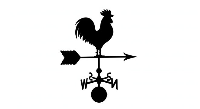 Minimalist black silhouette of a rooster weather vane featuring a directional arrow and cardinal points, isolated on a white background. Traditional farm wind indicator icon.