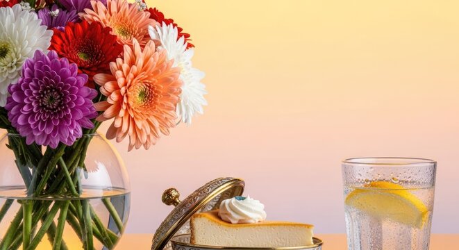 still life with flowers, cheesecake and lemonade