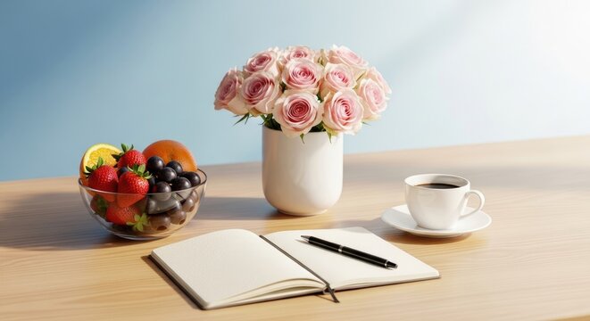 still life with flowers, fruit, coffee and notebook