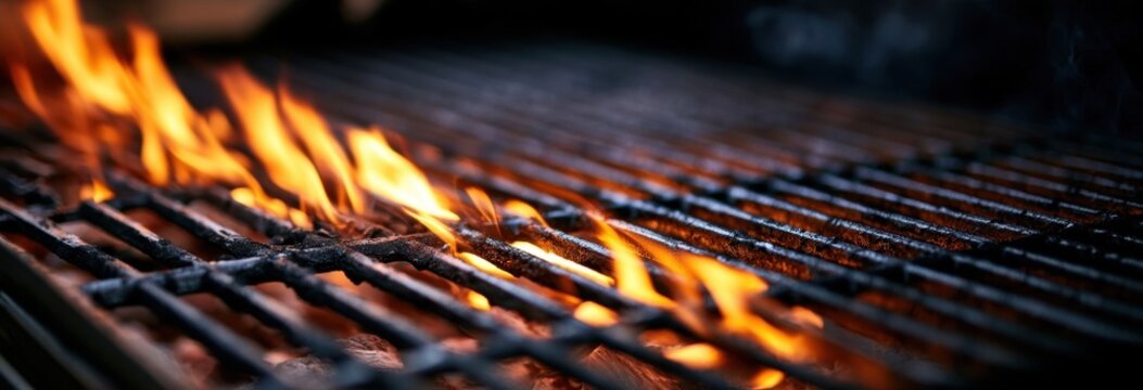 A hot barbecue grill grate with flickering orange flames rising from the metal bars