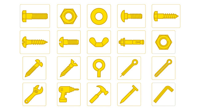 Collection of Yellow Fasteners and Tools Icons - Bolts, Nuts, Screws, Wrench, Hammer, Drill