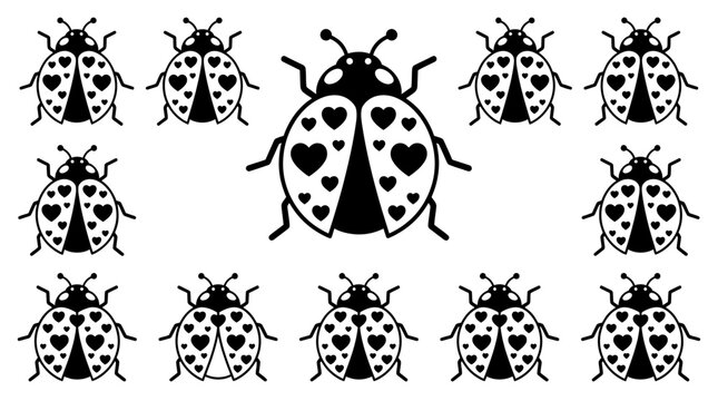 Cute Ladybugs with Hearts Pattern, Black and White Illustration