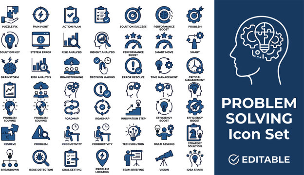 Problem solving icon set containing logic planning risk analysis strategy solution and performance boost business elements