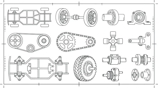 Automotive drivetrain CAD diagram. Mechanical transmission parts, gears, axles, pulleys, and bearing system technical illustration