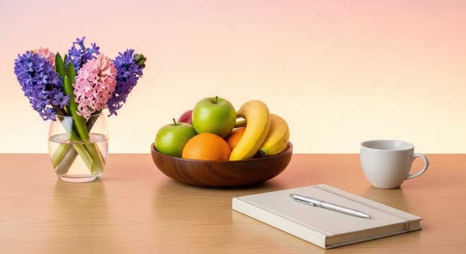still life with fruit, flowers, coffee and notebook