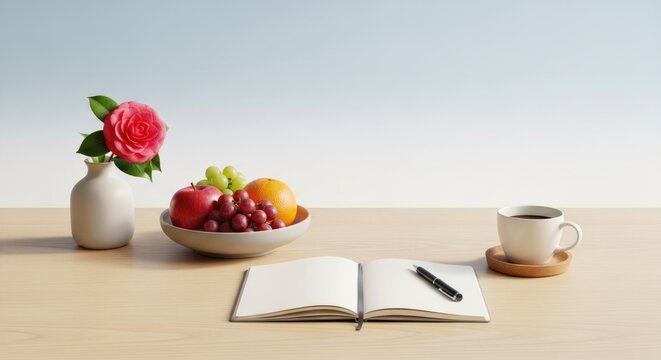 still life with fruit, coffee, and notebook
