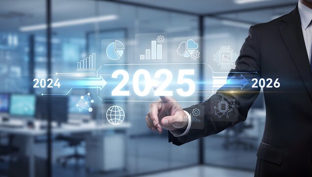 Futuristic Business Timeline Interface Showing 2025 Transition, Digital Transformation Strategy, Corporate Planning and Innovation Concept