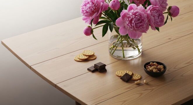 still life with pink peonies, cookies, chocolates and nuts on wooden table