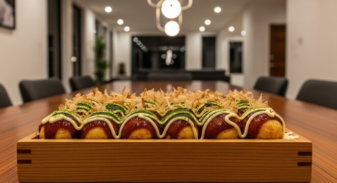 Takoyaki on wooden board in modern office