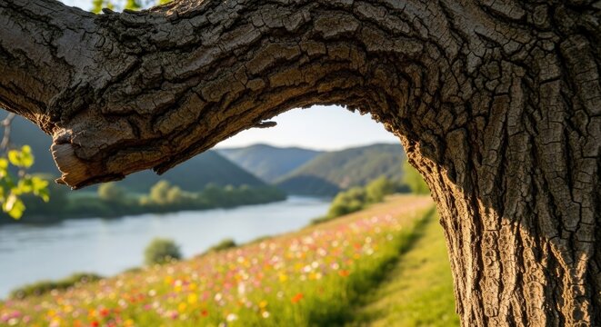 tree arch, lake and colorful flowers