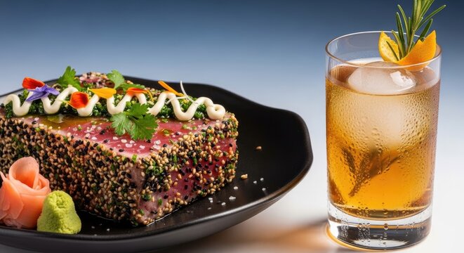 Tuna tartare with sesame seeds and refreshing cocktail