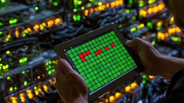 A person's hands holding a tablet with a green and red pixelated screen in front of a server room