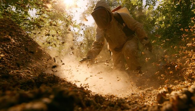 A pest control technician in a protective suit sprays insecticide in an orchard during golden hour