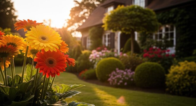 vibrant garden flowers in front of house