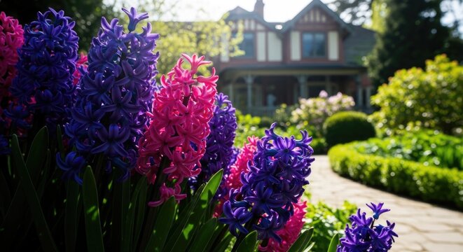 Vibrant hyacinths in a garden with a house in background