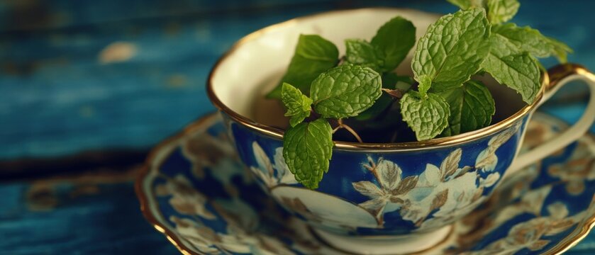 Fresh mint in ornate teacup close up still life photography